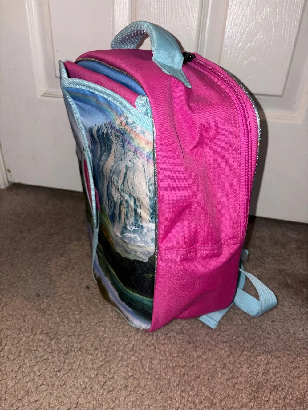 Girls' Pink & Light Blue Mountain Print play scene backpack